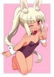  1girl ;d animal_ear_fluff animal_ears bangs bare_legs bare_shoulders barefoot blonde_hair blush breasts collar collarbone commentary_request covered_navel dark-skinned_female dark_skin eyebrows_visible_through_hair full_body hand_up heart heart-shaped_pupils highres leotard long_hair looking_at_viewer masurao_(sekaiju) masurao_2_(sekaiju) naga_u one_eye_closed open_mouth pink_background ponytail purple_leotard rabbit_ears red_collar red_eyes sekaiju_no_meikyuu sekaiju_no_meikyuu_5 short_eyebrows small_breasts smile solo strapless strapless_leotard symbol-shaped_pupils thick_eyebrows two-tone_background v very_long_hair white_background wrist_cuffs 