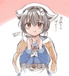  1girl apron artist_name bandana black_hair blue_sailor_collar blue_serafuku blue_skirt brown_shawl clenched_hand commentary_request cowboy_shot dated hair_flaps hair_ornament hair_ribbon hairclip headgear jingei_(kancolle) kantai_collection kirisawa_juuzou long_hair neckerchief pout red_eyes ribbon sailor_collar school_uniform serafuku shawl skirt solo standing translation_request two-tone_background waist_apron white_apron white_neckwear 