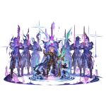  1boy ahoge arm_up armor belt black_pants blonde_hair blue_eyes breastplate cape full_body granblue_fantasy greaves looking_at_viewer male_focus minaba_hideo official_art pants puddle sheath siete smirk smug solo space sparkle spectral standing star_(sky) sword transparent_background unsheathed water weapon 