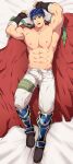  1boy abs absurdres alternate_pectoral_size armpits arms_up bara biceps bulge cape dakimakura_(medium) erection erection_under_clothes full_body headband highres large_pectorals looking_at_viewer lying male_focus mazjojo muscular muscular_male navel nipples older on_back on_bed open_fly pants pectorals red_cape reward_available shirtless short_hair sideburns solo stomach thick_thighs thighs white_pants 