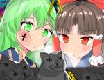  2girls absurdres against_glass bangs benikurage_(cookie) bow brown_hair cat character_doll chinese_commentary commentary_request cookie_(touhou) crane_game cross eyebrows_visible_through_hair face facepaint frilled_hair_tubes frills green_eyes green_hair hair_bow hair_tubes hakurei_reimu highres kochiya_sanae long_hair manatsu_no_yo_no_inmu miura_cat multiple_girls nekokatana_catana open_mouth parted_bangs paseri_(cookie) red_bow red_eyes touhou 