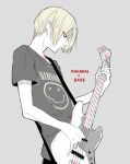  1boy awara_kayu bangs bass_guitar blonde_hair commentary_request cowboy_shot from_side grey_background holding instrument male_focus nakarai_keijin nirvana_(band) pants profile shirt short_hair short_sleeves simple_background sketch solo t-shirt tokyo_ghoul tokyo_ghoul:re 