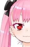  1girl :3 akitsuki_itsuki black_bow bow close-up closed_mouth copyright_request hair_bow looking_at_viewer pink_hair red_eyes simple_background smile solo twintails white_background 