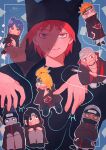  6+boys absurdres akatsuki_(naruto) black_hair black_sclera blonde_hair blue_eyes blue_hair blue_skin chibi cloak colored_sclera colored_skin dark-skinned_male dark_skin deidara_(naruto) flower forehead_protector green_eyes grey_hair hair_flower hair_ornament hidan_(naruto) highres hood hoodie hoshigaki_kisame kakuzu_(naruto) konan_(naruto) mask moiko_(moi_pic_) multiple_boys naruto naruto_(series) orange_eyes orange_hair pain_(naruto) paper pink_eyes puppet_strings purple_hair red_eyes red_hair rinnegan sasori_(naruto) scythe sharingan sharp_teeth smirk teeth thread uchiha_itachi veil 