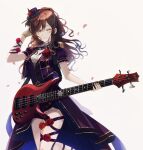  1girl ;) bang_dream! bangs bass_guitar belt belt_buckle black_belt black_neckwear black_ribbon blackfangs blush breasts brown_gloves brown_hair buckle buttons center_frills cleavage closed_mouth collar commentary_request cowboy_shot cropped_jacket earrings epaulettes esp_btl esp_guitars eyebrows_visible_through_hair falling_petals flower frilled_collar frilled_skirt frills glint gloves gold_trim gradient gradient_background green_eyes grey_background hair_between_eyes half_updo hand_up hat hat_flower hat_ribbon highres holding holding_instrument imai_lisa instrument jacket jewelry layered_skirt leg_ribbon leg_up light_particles long_hair looking_at_viewer medium_breasts mini_hat neck_ribbon one_eye_closed open_clothes open_jacket petals puffy_short_sleeves puffy_sleeves purple_headwear purple_jacket purple_ribbon purple_skirt purple_vest red_flower red_rose ribbon rose rose_petals ruby_(gemstone) shirt short_sleeves sidelocks single_glove skirt smile solo standing standing_on_one_leg tilted_headwear two-sided_fabric two-sided_skirt v-shaped_eyebrows vest wavy_hair white_shirt wrist_ribbon 