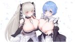  2girls :o alternate_breast_size apron asymmetrical_docking azur_lane bare_shoulders between_breasts blue_eyes blue_hair breast_press breasts cleavage clothing_cutout crossover dress formidable_(azur_lane) frilled_dress frills from_above gothic_lolita grey_hair hair_ribbon highres huge_breasts lolita_fashion long_hair looking_at_viewer maid multiple_girls neckwear_between_breasts re:zero_kara_hajimeru_isekai_seikatsu red_eyes rem_(re:zero) ribbon ribura_(limezstariouz) short_hair shoulder_cutout simple_background twintails two-tone_dress two-tone_ribbon very_long_hair waist_apron white_apron white_background white_neckwear wide_sleeves 