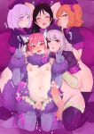  1boy 4girls ^^^ absurdres animal_ear_fluff animal_ears arms_behind_head arms_up astolfo_(fate) bangs black_bow black_hair blush bow buttons character_request closed_eyes closed_mouth commentary_request condom_belt cosplay dot_nose double_v elbow_gloves eyebrows_visible_through_hair eyes_visible_through_hair facing_viewer fate/grand_order fate_(series) feet_out_of_frame flat_chest florence_nightingale_(fate) florence_nightingale_(trick_or_treatment)_(fate) florence_nightingale_(trick_or_treatment)_(fate)_(cosplay) flower_censor foreskin fujimaru_ritsuka_(female) full_body fur-trimmed_gloves fur_collar fur_trim futanari gloves green_gloves green_legwear grey_hair hair_between_eyes hair_bow hair_ornament hair_scrunchie hakidamari_(pixiv20168333) hat head_tilt heart highres kneeling light_purple_hair looking_at_viewer looking_to_the_side mash_kyrielight mash_kyrielight_(dangerous_beast) mash_kyrielight_(dangerous_beast)_(cosplay) medium_hair minamoto_no_raikou_(fate) multiple_girls multiple_others navel nipples one_eye_closed one_side_up open_mouth orange_eyes orange_hair otoko_no_ko penis pink_bow pink_eyes pink_hair purple_background purple_eyes purple_gloves purple_headwear purple_legwear purple_theme scrunchie short_sleeves side_ponytail spoken_heart straight_hair sweat tareme testicles thighhighs v 