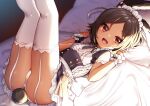  1girl animal_ear_fluff animal_ears arms_up ass azur_lane bed blue_dress brown_eyes brown_hair clothing_cutout commentary_request dark-skinned_female dark_skin dress garter_straps highres i-26_(azur_lane) legs legs_up looking_at_viewer lying maid maid_headdress on_back on_bed open_mouth panties pillow pillow_grab rabbit_ears rabbit_tail shirt short_dress short_hair smile solo tail tail_cutout thighhighs thighs underwear white_legwear white_panties white_shirt wrist_cuffs yufukiri 