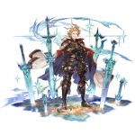  1boy ahoge armor belt black_pants blonde_hair blue_eyes cape crossed_arms full_body granblue_fantasy greaves looking_at_viewer male_focus minaba_hideo official_art open_mouth pants planted planted_sword puddle sheath sheathed siete smirk smug solo space standing star_(sky) sword teeth transparent_background weapon 
