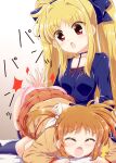  2girls ass blonde_hair blush breasts brown_hair closed_eyes collarbone eyebrows_visible_through_hair fate_testarossa hair_ornament hair_ribbon highres long_hair looking_at_another lyrical_nanoha mahou_shoujo_lyrical_nanoha mahou_shoujo_lyrical_nanoha_a&#039;s multiple_girls open_mouth panties pink_panties red_eyes ribbon shiny shiny_hair short_hair small_breasts spanking takamachi_nanoha twintails underwear yakisoba_(kaz2113) yuri 