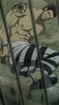  1boy abs absurdres ass bara beard brown_hair cuffs dark-skinned_male dark_skin facial_hair free_(soul_eater) full_body handcuffs highres large_pectorals looking_at_viewer lying male_focus mature_male mazjojo muscular muscular_male nipples on_side pectorals pointy_ears prison prison_clothes reward_available shirtless short_hair shoulder_tattoo sideburns smile solo soul_eater stomach stubble sweat symbol_in_eye tattoo 