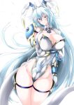  1girl animal_ears arm_under_breasts armor bangs bare_legs blue_hair blush breasts claws cleavage closed_mouth detached_collar dragon_girl dragon_horns dragon_tail eyebrows_visible_through_hair g_(genesis1556) groin hair_between_eyes highres horns large_breasts leg_strap leotard light_blue_hair long_hair looking_at_viewer lutian_(g_(genesis1556)) monster_girl original playboy_bunny rabbit_ears shoulder_armor simple_background solo standing tail thighs very_long_hair white_background white_leotard yellow_eyes 