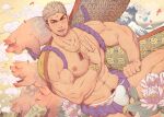  1boy abs absurdres bara bare_pectorals blush bulge character_request chest_hair chinese_zodiac demon_x_eater erection erection_under_clothes eyebrow_cut facial_hair facial_mark flower forehead_mark goatee happy_birthday highres japanese_clothes kimono large_pectorals light_brown_hair loincloth looking_at_viewer lotus male_focus male_underwear mature_male mazjojo milestone_celebration muscular muscular_male navel navel_hair nipples open_clothes open_kimono parody_request pectorals pig priest pubic_hair pubic_hair_peek revealing_clothes short_hair sideburns smile solo stomach stubble thighs undercut underwear v white_male_underwear year_of_the_pig yellow_kimono 