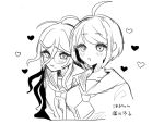  2girls :o ahoge ameko53133 bangs blush collarbone commentary_request cropped_torso danganronpa_(series) danganronpa_another_episode:_ultra_despair_girls eyebrows_visible_through_hair fukawa_touko glasses greyscale hair_ornament hairclip heart long_hair looking_at_viewer mole mole_under_mouth monochrome multiple_girls naegi_komaru open_mouth school_uniform simple_background smile translation_request upper_body 