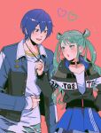  1boy 1girl black_jacket blue_hair blue_nails blue_skirt blush earrings green_hair green_nails hand_on_hip hatsune_miku heart jacket jewelry kaito_(vocaloid) looking_at_another looking_down looking_up nail_polish necktie noriuma open_mouth shirt short_hair simple_background skirt smile standing sweat sweatdrop twintails vocaloid white_shirt 