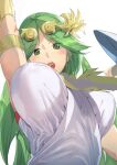  1girl armlet ashiomi_masato bouncing_breasts breasts dress green_eyes green_hair jewelry kid_icarus large_breasts long_hair looking_at_viewer necklace open_mouth palutena simple_background solo super_smash_bros. tiara very_long_hair white_background 