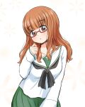  1girl absurdres bangs black_neckwear blouse blunt_bangs commentary_request eyebrows_visible_through_hair girls_und_panzer glasses green_skirt head_tilt highres light_blush long_hair long_sleeves looking_at_viewer neckerchief noto-kanna ooarai_school_uniform orange_eyes orange_hair parted_lips pleated_skirt red-framed_eyewear sailor_collar school_uniform semi-rimless_eyewear serafuku skirt solo squatting takebe_saori under-rim_eyewear white_blouse white_sailor_collar 