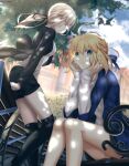  2girls ahoge artoria_pendragon_(fate) bangs bench black_camisole black_footwear black_jacket black_ribbon black_shorts blonde_hair blue_jacket blue_ribbon boots braid breasts camisole cleavage collarbone fate/grand_order fate_(series) foo_(pixiv54892036) french_braid green_eyes hair_bun hair_ribbon highres hood hooded_sweater jacket jet_black_king_of_knights_ver._shinjuku_1999 jewelry long_hair long_sleeves looking_at_viewer low_ponytail multiple_girls necklace open_clothes open_jacket ribbon saber saber_alter short_shorts shorts sidelocks sitting small_breasts sweater thighs white_sweater yellow_eyes 