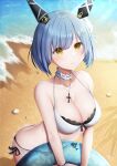  +_+ 1girl aika_(1019-akari) azur_lane beach bikini blue_hair blue_innertube breasts choker cleavage cross cross_necklace frilled_choker frills from_above gascogne_(azur_lane) gascogne_(beach_adaptive_armor)_(azur_lane) headgear highres holding holding_innertube innertube jewelry looking_at_viewer looking_up medium_breasts mismatched_bikini multicolored_hair necklace official_alternate_costume seashell shell short_hair solo streaked_hair swimsuit two-tone_hair water white_bikini yellow_eyes 