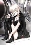  1girl absurdres artoria_pendragon_(fate) bangs black_camisole black_footwear black_jacket black_ribbon black_shorts blonde_hair boots breasts bubble_blowing camisole chewing_gum cleavage collarbone fate/grand_order fate_(series) foo_(pixiv54892036) glasses hair_ribbon highres jacket jacket_on_shoulders jet_black_king_of_knights_ver._shinjuku_1999 jewelry long_hair long_sleeves looking_at_viewer low_ponytail necklace open_clothes open_jacket ribbon saber_alter short_shorts shorts sidelocks small_breasts squatting thighs yellow_eyes 