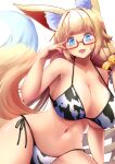  1girl :d amino_dopple animal_ears animal_print bangs bell bikini blonde_hair blue_eyes blunt_bangs breasts cow_print fox_ears fox_tail glasses hair_bell hair_ornament hand_up honami_mikura_(amino_dopple) jingle_bell large_breasts long_hair looking_at_viewer navel open_mouth original red-framed_eyewear semi-rimless_eyewear side-tie_bikini simple_background smile solo strap_gap swimsuit tail under-rim_eyewear white_background white_bikini 