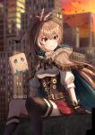  1girl ahoge ardenlolo artist_name asymmetrical_legwear bangs blurry blurry_background bow breasts brown_bow brown_cloak brown_eyes brown_gloves brown_hair brown_legwear city cloak closed_mouth commentary_request corset english_commentary eyebrows_visible_through_hair feather_hair_ornament feathers fingerless_gloves friend_(nanashi_mumei) gloves hair_between_eyes hair_ornament hairclip high_ponytail hololive hololive_english hood hood_down hooded_cloak kneehighs light_particles long_hair long_sleeves medium_breasts mixed-language_commentary multicolored_hair nanashi_mumei outdoors ponytail red_skirt shirt single_kneehigh single_thighhigh sitting skirt smile streaked_hair thighhighs uneven_legwear virtual_youtuber white_hair white_shirt 