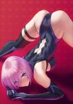  1girl arm_rest ass back_cutout black_leotard blush breasts clothing_cutout elbow_gloves eyebrows_visible_through_hair eyes_visible_through_hair fate/grand_order fate_(series) flexible gloves hair_over_one_eye highres jack-o&#039;_challenge legs leotard looking_at_viewer mash_kyrielight medium_breasts meme pose purple_eyes purple_hair shiny shiny_hair shiny_skin short_hair solar_(happymonk) solo spread_legs stretch thigh_strap thighhighs top-down_bottom-up wide_spread_legs 