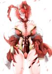  1girl abs absurdres animal_ears bangs bare_legs bare_shoulders breasts claws closed_mouth dein_(g_(genesis1556)) detached_sleeves dragon_girl dragon_horns dragon_tail eyebrows_visible_through_hair g_(genesis1556) groin hair_between_eyes hand_on_hip highres horns huge_breasts leotard looking_at_viewer monster_girl multicolored_hair necktie original playboy_bunny rabbit_ears red_eyes red_hair red_leotard red_neckwear scar scar_across_eye short_hair simple_background solo standing streaked_hair tail torn_clothes two-tone_hair white_background 