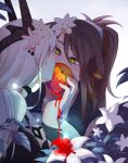  2girls animal_ears apple arknights artist_name black_choker black_horns blood blood_on_flower blue_background brown_hair choker commentary dated ear_piercing english_commentary eyebrows_behind_hair flower folinic_(arknights) folinic_(lasting_arrowroot)_(arknights) food fruit gradient gradient_background hair_flower hair_ornament highres horns leaf long_hair looking_at_another mudrock_(arknights) mudrock_(silent_night)_(arknights) multiple_girls object_kiss official_alternate_costume piercing pointy_ears ponytail sihzari upper_body white_background white_flower white_hair yellow_eyes yellow_pupils yuri 