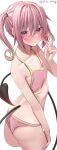  1girl absurdres bangs blush bra cowboy_shot demon_tail eyebrows_visible_through_hair flat_chest hair_between_eyes hand_up highres looking_at_viewer medium_hair nana_asta_deviluke panties pink_bra pink_hair pink_panties purple_eyes rits_(apud8788) simple_background solo standing tail to_love-ru twintails twitter_username underwear white_background 