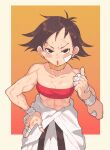  1girl arm_up bandage_on_face bandages bandaid border choker dougi gradient gradient_background hand_on_hip highres inkerton-kun karate_gi looking_at_viewer makoto_(street_fighter) muscular muscular_female open_mouth orange_background red_background red_sports_bra ribbon_choker short_hair solo sports_bra street_fighter street_fighter_iii_(series) street_fighter_iv_(series) tomboy yellow_border 