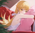  1girl bangs blonde_hair commentary_request dress eyebrows_visible_through_hair highres long_hair looking_at_viewer monogatari_(series) oshino_shinobu pillow pillow_hug sleeveless sleeveless_dress solo ssangbong-llama white_dress yellow_eyes 