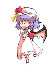  1girl bangs bat_wings bow chibi closed_eyes collar collared_dress dairi dress eyebrows_visible_through_hair full_body hair_between_eyes hands_up hat hat_ribbon mob_cap no_shoes open_mouth puffy_short_sleeves puffy_sleeves purple_hair red_bow red_ribbon remilia_scarlet ribbon short_hair short_sleeves simple_background smile socks solo standing tachi-e touhou transparent_background white_dress white_headwear white_legwear white_sleeves wings wrist_cuffs 