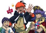  3boys :d bag baseball_cap black_hair black_hoodie blue_jacket blush bright_pupils cape champion_uniform closed_eyes closed_mouth collared_shirt crossed_arms dark-skinned_male dark_skin duffel_bag dynamax_band earrings facial_hair fangs fur-trimmed_cape fur-trimmed_jacket fur_trim gen_4_pokemon gloves green_bag hand_on_hip hand_up hat highres hood hoodie hop_(pokemon) jacket jewelry komame_(st_beans) leon_(pokemon) long_hair looking_at_viewer male_focus multiple_boys open_mouth orange_headwear partially_fingerless_gloves pokemon pokemon_(creature) pokemon_(game) pokemon_swsh purple_hair raihan_(pokemon) red_cape rotom rotom_phone shield_print shirt short_hair simple_background single_glove smile sword_print symbol-only_commentary tongue undercut white_background white_pupils yellow_eyes 
