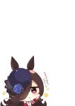  1girl :&lt; animal_ears bangs black_hair blue_flower blue_headwear blue_rose blush chibi eyebrows_visible_through_hair flower hair_over_one_eye hat hat_flower highres horse_ears jacket long_hair long_sleeves muuran outstretched_arm parted_lips purple_eyes rice_shower_(umamusume) rose simple_background solo sparkle tilted_headwear track_jacket translation_request triangle_mouth umamusume upper_body white_background white_jacket 