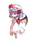  1girl anger_vein angry bangs bat_wings black_eyes bow chibi closed_mouth collar collared_dress dairi dress eyebrows_visible_through_hair full_body hair_between_eyes hands_up hat hat_ribbon looking_to_the_side mob_cap no_shoes pink_eyes puffy_short_sleeves puffy_sleeves purple_hair red_bow red_ribbon remilia_scarlet ribbon short_hair short_sleeves simple_background socks solo standing tachi-e touhou transparent_background white_dress white_headwear white_legwear white_sleeves wings wrist_cuffs 