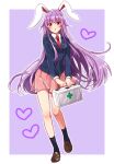 1girl :o animal_ears bangs black_legwear blazer blush border box breasts buttons collared_shirt commentary crescent crescent_pin first_aid_kit full_body heart holding holding_box jacket knees light_purple_hair loafers long_hair long_sleeves looking_at_viewer medium_breasts miniskirt necktie okawa_friend open_mouth pink_skirt pleated_skirt pocket rabbit_ears red_eyes red_necktie red_neckwear reisen_udongein_inaba shiny shiny_hair shirt shoes skirt socks solo standing standing_on_one_leg suit_jacket touhou white_shirt wing_collar 