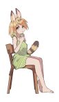  1girl animal_ears bare_legs bare_shoulders barefoot blonde_hair casual cat_ears cat_girl cat_tail chair commentary_request dress extra_ears eyebrows_visible_through_hair green_dress highres kemono_friends nanana_(nanana_iz) serval_(kemono_friends) short_hair sitting sleeveless solo tail yellow_eyes 