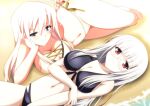  2girls ahoge arm_grab arm_support arm_under_breasts bikini black_bikini blonde_hair blue_eyes blush breasts breasts_day cleavage hanna-justina_marseille heidimarie_w._schnaufer isa_(ni-iro) large_breasts long_hair looking_at_viewer lying multiple_girls navel ocean on_back on_side red_eyes shore sidelocks smile strike_witches swimsuit thighs water white_bikini white_hair world_witches_series 