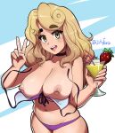  1girl bikini black_choker blush borrowed_character breasts brown_eyes choker cleavage commission cowboy_shot cup dirty_ero eyebrows_visible_through_hair food fruit hands_up holding holding_cup large_breasts looking_at_viewer nipples open_mouth original purple_bikini shadow solo strawberry strudel_(lewdsticks) swimsuit topless twitter_username v 