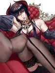  1girl black_hair black_shorts blurry blurry_foreground breast_tattoo breasts chest_tattoo cleavage demon_horns detached_sleeves dress eliza_(tekken) fingernails hanny_(uirusu_chan) head_tilt highres horns leg_up looking_at_viewer medium_breasts neck_tattoo no_shoes pale_skin purple_lips purple_nails red_dress red_horns seamed_legwear sharp_fingernails sheer_legwear short_hair_with_long_locks shorts sitting slit_pupils solo tattoo tekken tekken_7 tekken_revolution thighhighs throne vampire white_background yellow_eyes 