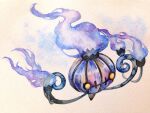  aoya_(ayoyame18) chandelure commentary_request fire flame full_body gen_5_pokemon no_humans painting_(medium) pokemon pokemon_(creature) purple_fire solo traditional_media watercolor_(medium) yellow_eyes 