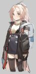  1girl absurdres arknights backpack bag blush death_hone garter_belt garter_straps highres jacket looking_at_viewer pinecone_(arknights) simple_background sweater thighhighs tied_hair 