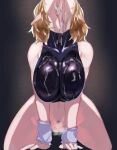  1girl arm_warmers bare_arms bare_legs bare_shoulders blonde_hair bottomless breasts commentary_request cum cum_on_body cum_on_breasts cum_on_neck facing_up highres implied_fellatio kneeling large_breasts mizuhashi_parsee navel pointy_ears shiny shiny_clothes short_hair solo sports_bra thighs touhou wiaxixia 