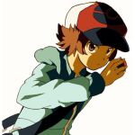  1boy aoya_(ayoyame18) baseball_cap brown_eyes brown_hair closed_mouth commentary_request hand_up hat hilbert_(pokemon) holding holding_poke_ball hood hooded_jacket jacket long_sleeves male_focus poke_ball poke_ball_(basic) poke_ball_print pokemon pokemon_(game) pokemon_bw short_hair simple_background solo strap white_background 