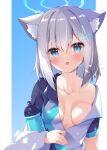  1girl animal_ears bangs blue_archive blue_eyes bottle breasts carrying cat_ears cleavage collarbone commentary_request eyebrows_visible_through_hair hair_between_eyes halo highres holding long_sleeves looking_at_viewer nanamomo_rio parted_lips shiroko_(blue_archive) short_hair sidelocks silver_hair simple_background solo sports_drink sweat two-tone_background undressing zipper 