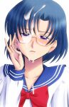  1girl adjusting_eyewear bishoujo_senshi_sailor_moon blue_hair blue_sailor_collar bonnie_(rsg) bow bowtie collarbone collared_shirt cum cum_on_clothes cum_on_eyewear cum_on_hair earrings facial glasses jewelry long_sleeves looking_at_viewer mizuno_ami open_mouth red_bow red_neckwear rimless_eyewear sailor_collar sailor_shirt school_uniform serafuku shirt short_hair solo upper_body white_shirt 