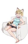  1girl alternate_costume animal_ears bare_arms bare_legs barefoot black_shorts blonde_hair blue_shirt casual cat_ears cat_girl cat_tail chair commentary_request floral_print highres kemono_friends midriff_peek multicolored_hair nanana_(nanana_iz) navel one_eye_closed sand_cat_(kemono_friends) shirt short_hair short_shorts shorts sitting sleeveless solo tail tank_top white_hair yellow_eyes 