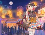  1girl aqua_eyes bag bangs black_hair blue_flower blush braid eyebrows_visible_through_hair feet_out_of_frame fireworks floral_print flower food grey_legwear heterochromia highres holding holding_food horns lantern long_sleeves multicolored_hair open_mouth original paper_lantern red_eyes red_flower red_hair rei_(aurirei) second-party_source shoulder_bag smile solo thighhighs two-tone_hair white_flower white_horns wide_sleeves yun-yang 