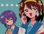  ... 1990s_(style) 2girls :d aqua_background armband bangs black_cardigan blue_sailor_collar bright_pupils brown_hair cardigan commentary drink drinking drinking_straw film_grain hair_between_eyes hair_ribbon hairband highres holding holding_drink hood hoodie jitome juice_box looking_at_another looking_away multiple_girls nagato_yuki no_nose nzeneee open_mouth parody portrait purple_hoodie retro_artstyle ribbon sailor_collar school_uniform scratching_cheek serafuku shirt short_hair smile style_parody suzumiya_haruhi suzumiya_haruhi_no_yuuutsu sweatdrop texture white_pupils white_shirt yellow_ribbon 